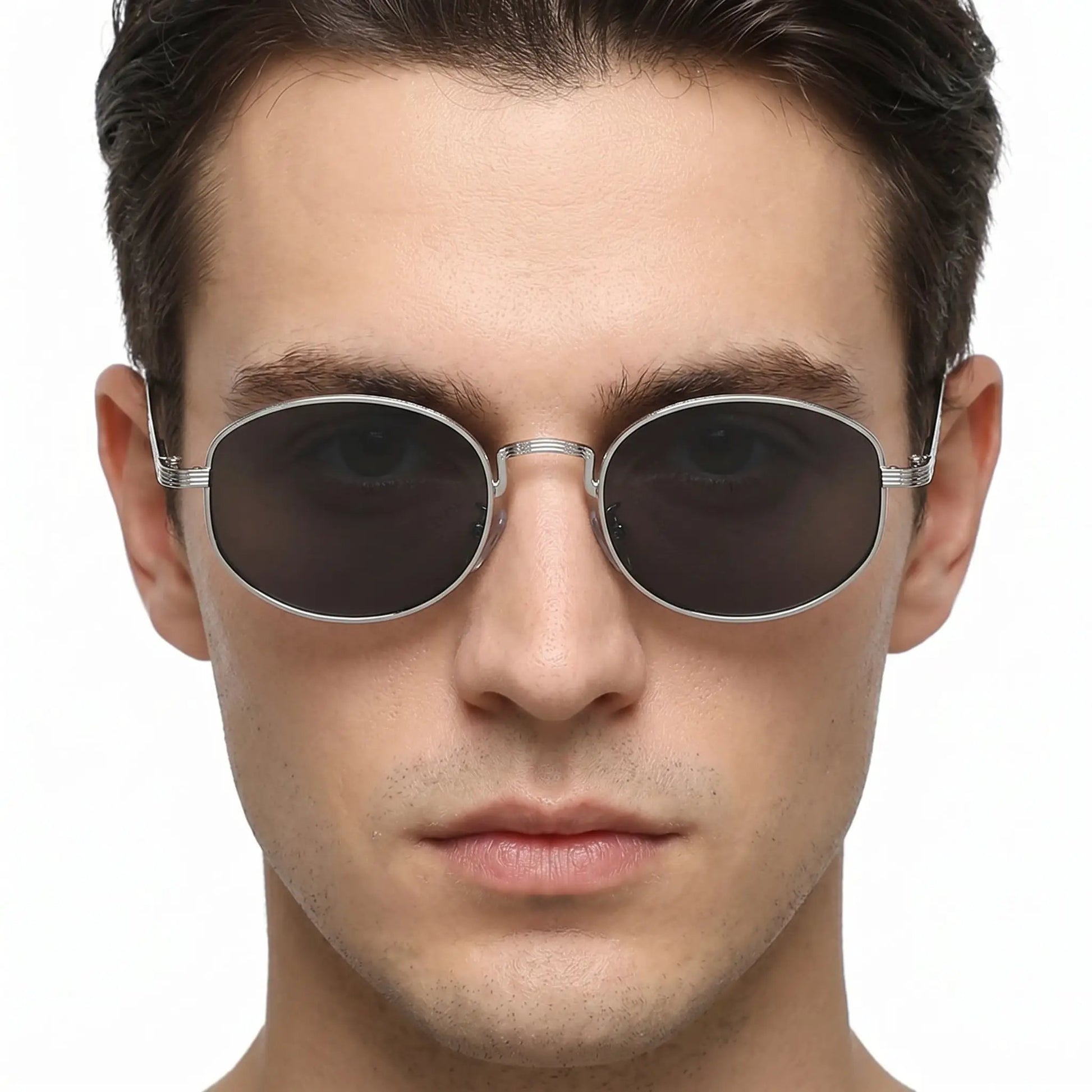 Elyndor blue-gradient oval metal sunglasses with silver frame and dark lenses – Astroshadez
