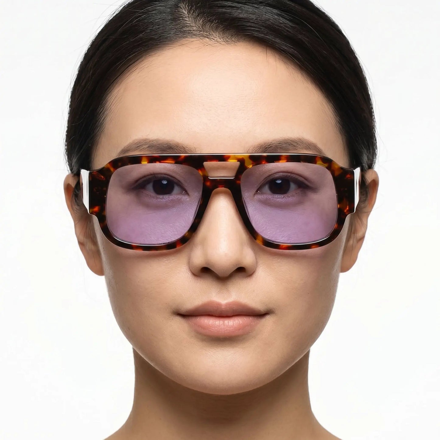 Aurex tortoiseshell double-bridge sunglasses with oversized square purple-tinted lenses – Astroshadez