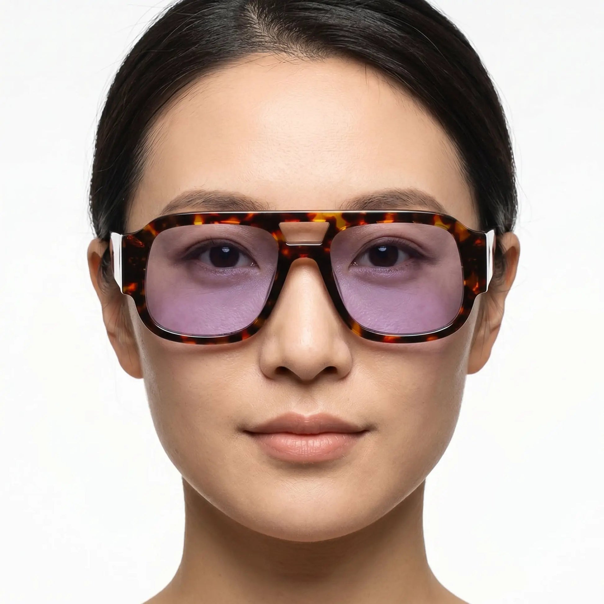 Aurex tortoiseshell double-bridge sunglasses with oversized square purple-tinted lenses – Astroshadez