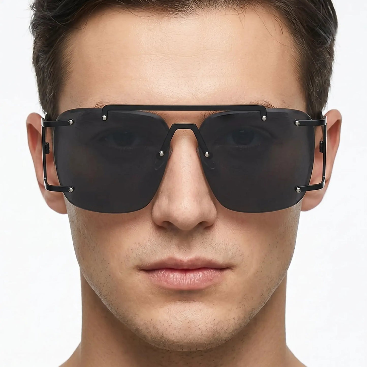 Black metal Aethron double-bridge square sunglasses with gradient lenses – Astroshadez