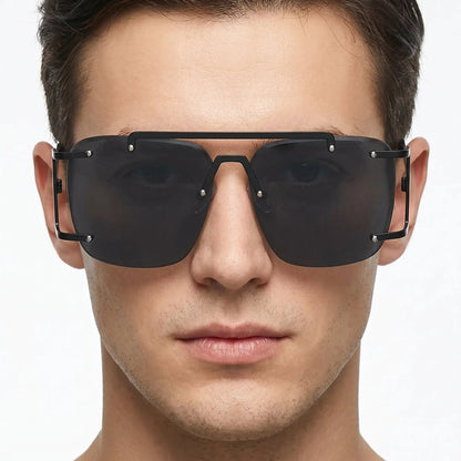 Black metal Aethron double-bridge square sunglasses with gradient lenses – Astroshadez