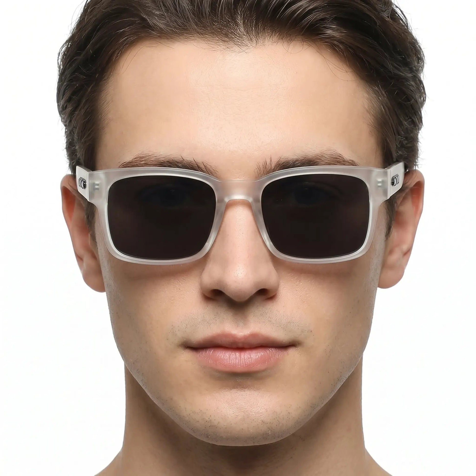 Aurelian crystal-clear polarized sunglasses with rectangular translucent frame and dark lenses – Astroshadez