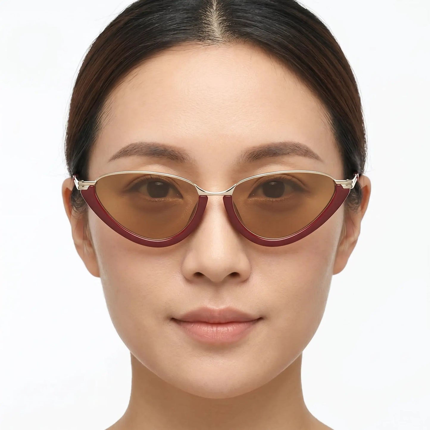 Auroria Burgundy Metallic Cat-Eye Sunglasses with brown gradient lenses and gold-tone accents– Astroshadez