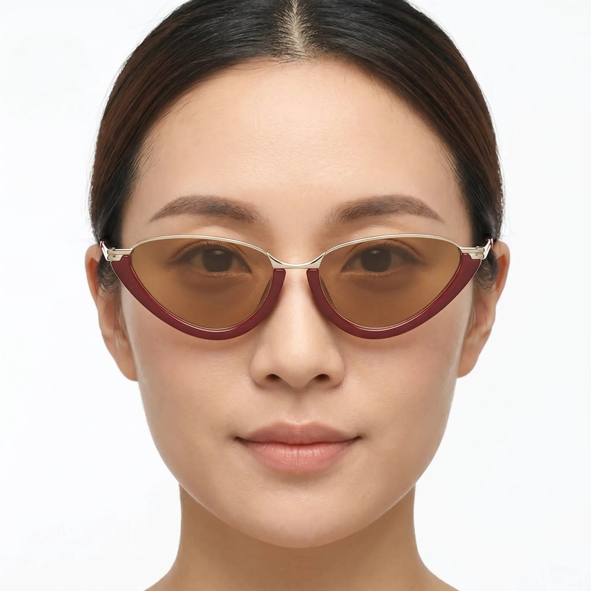 Auroria Burgundy Metallic Cat-Eye Sunglasses with brown gradient lenses and gold-tone accents– Astroshadez
