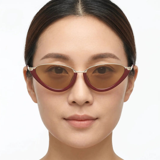 Auroria Burgundy Metallic Cat-Eye Sunglasses with brown gradient lenses and gold-tone accents– Astroshadez