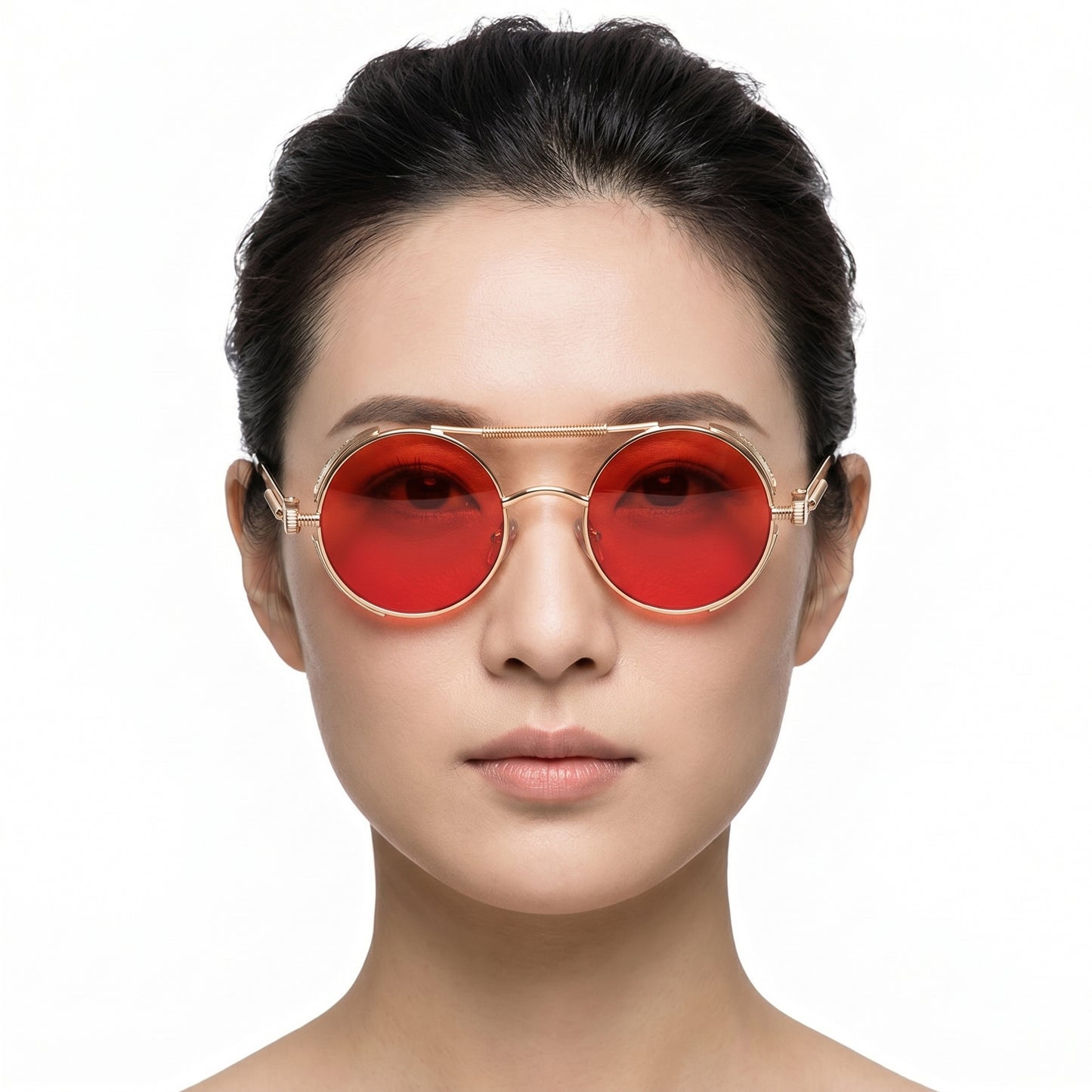 Aurelius Crimson Gold round steampunk sunglasses with gold-tone frame and crimson lenses – Astroshadez