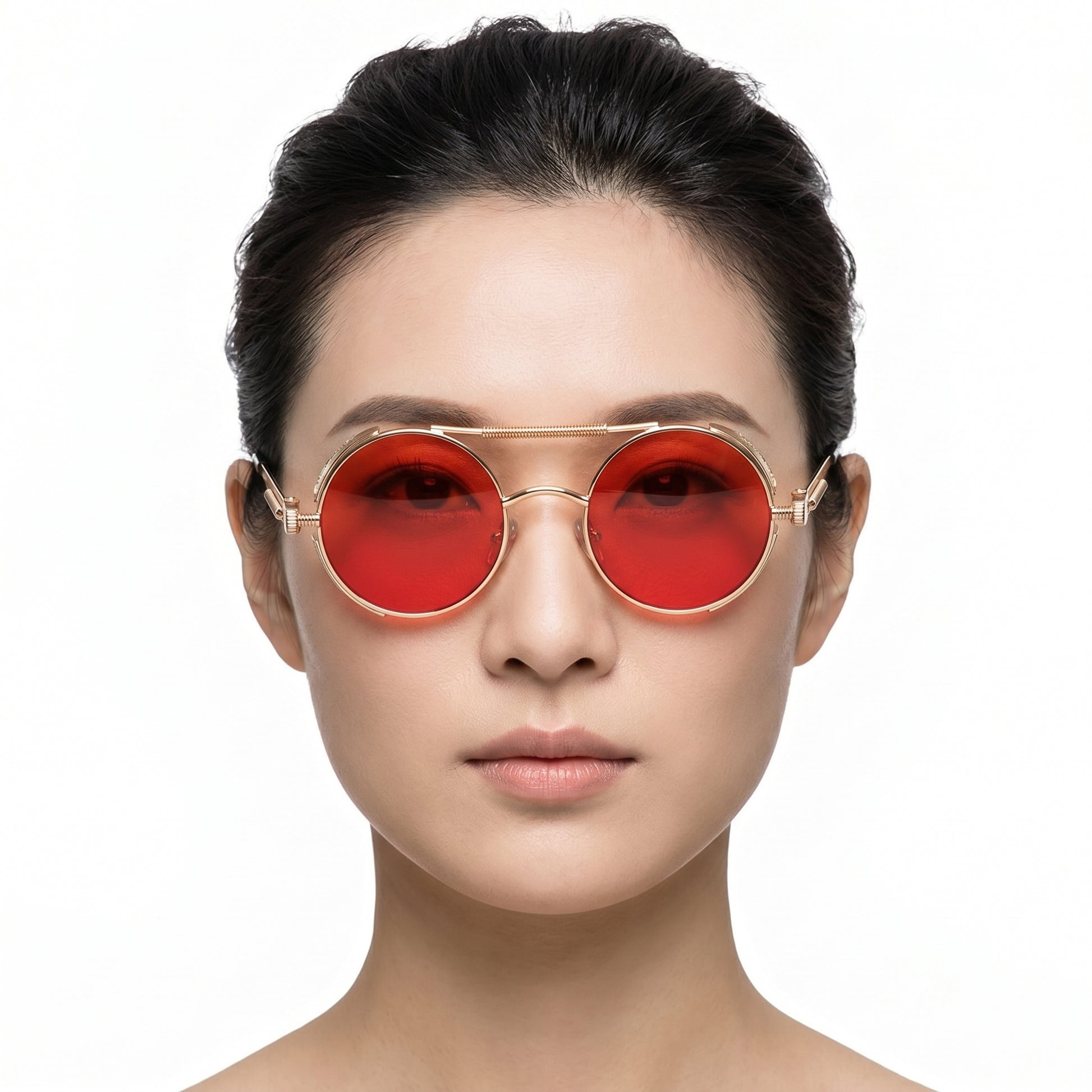 Aurelius Crimson Gold round steampunk sunglasses with gold-tone frame and crimson lenses – Astroshadez