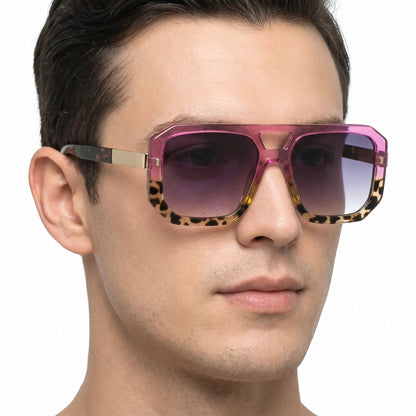 Valore magenta gradient oversized square sunglasses with leopard-print bottom and purple lenses – Astroshadez
