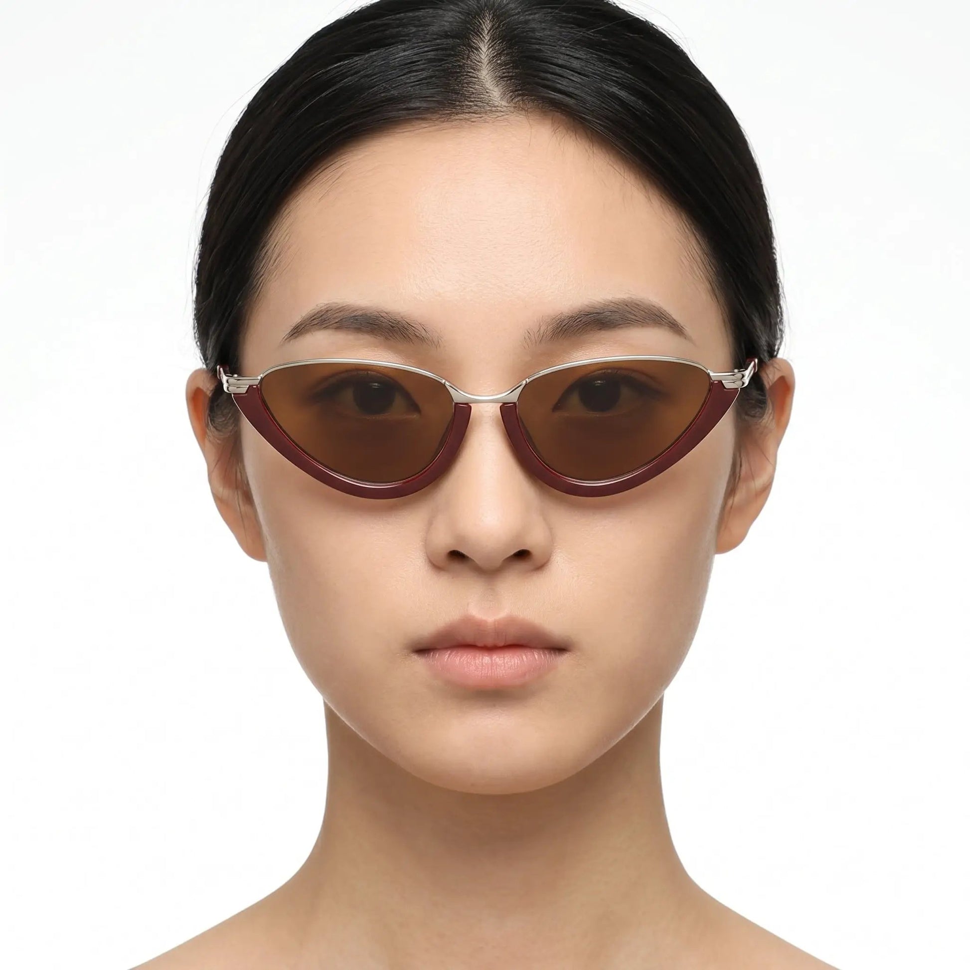 Valora Burgundy Cat Eye sunglasses with brown UV400 lenses on model – Astroshadez