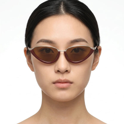 Valora Burgundy Cat Eye sunglasses with brown UV400 lenses on model – Astroshadez