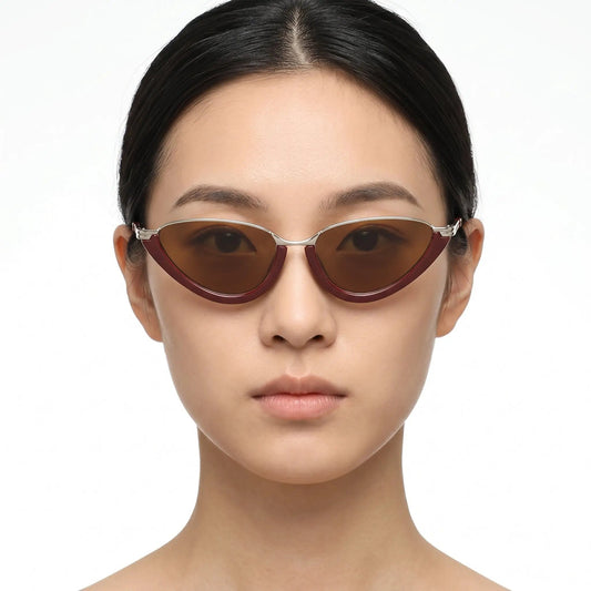 Valora Burgundy Cat Eye sunglasses with brown UV400 lenses on model – Astroshadez