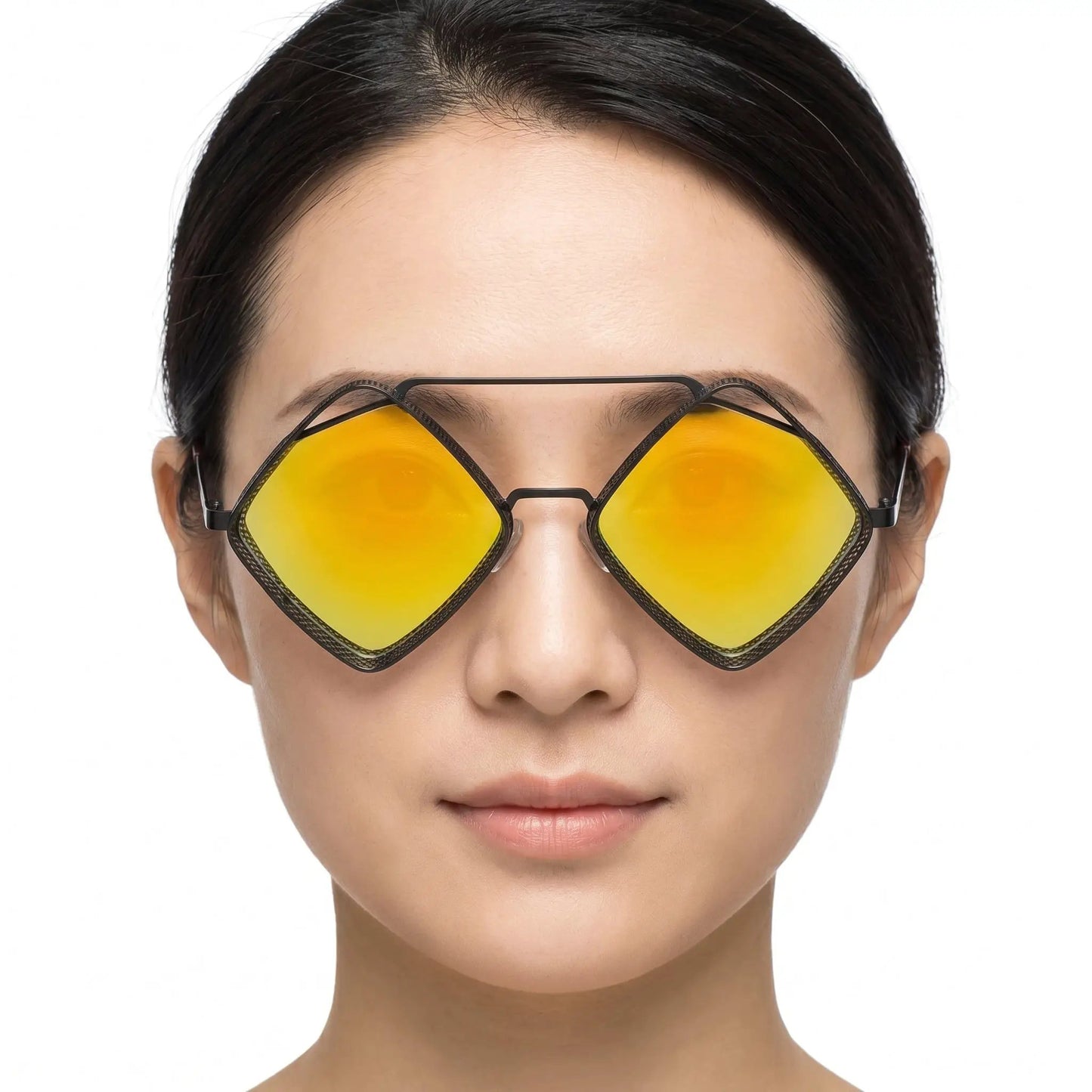 Aureon black metal perforated-frame sunglasses with yellow mirrored lenses, bold square-to-hexagon shape – Astroshadez