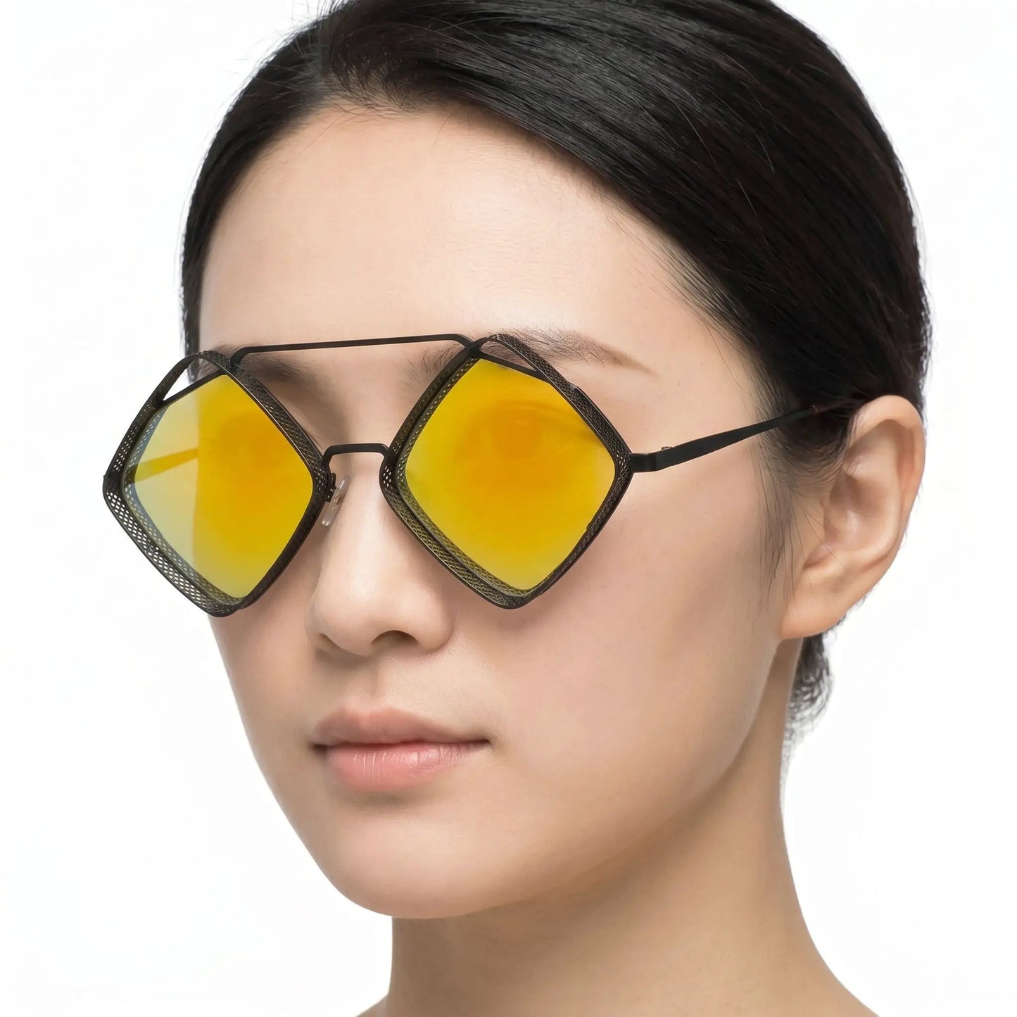 Aureon black metal perforated-frame sunglasses with oversized shield-style square yellow mirrored lenses – Astroshadez