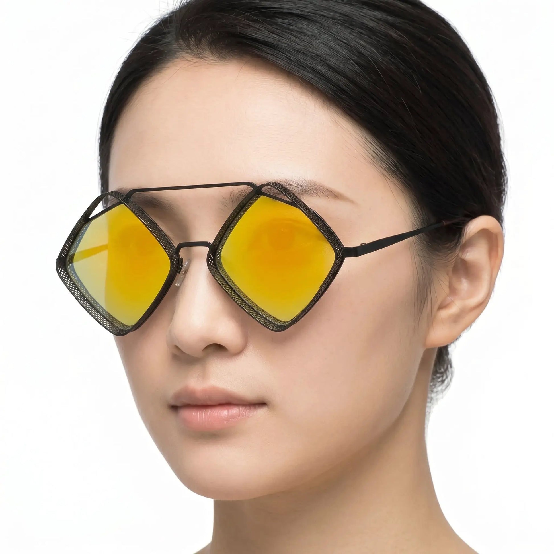Aureon black metal perforated-frame sunglasses with oversized shield-style square yellow mirrored lenses – Astroshadez