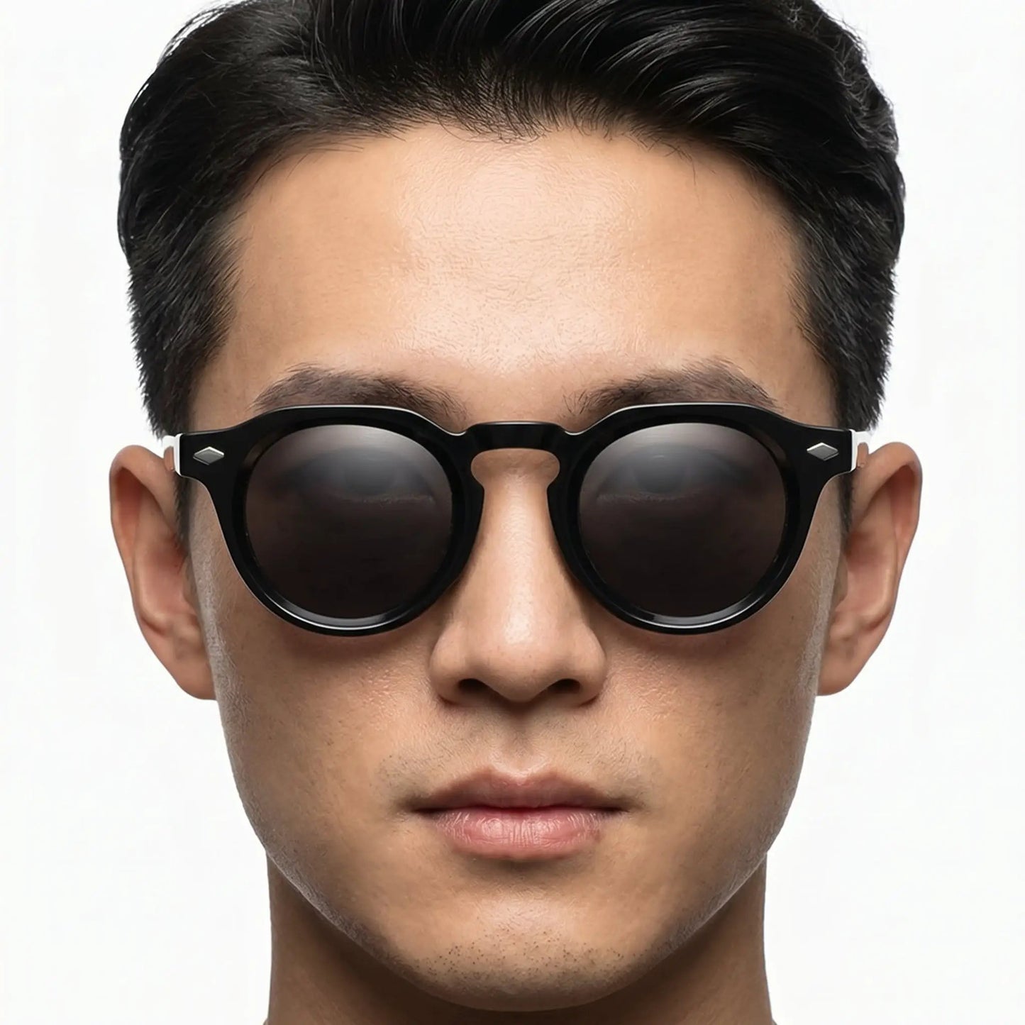 Aurelius jet-black round sunglasses with UV400 lenses; black frame, dark lenses, white temple accents – Astroshadez