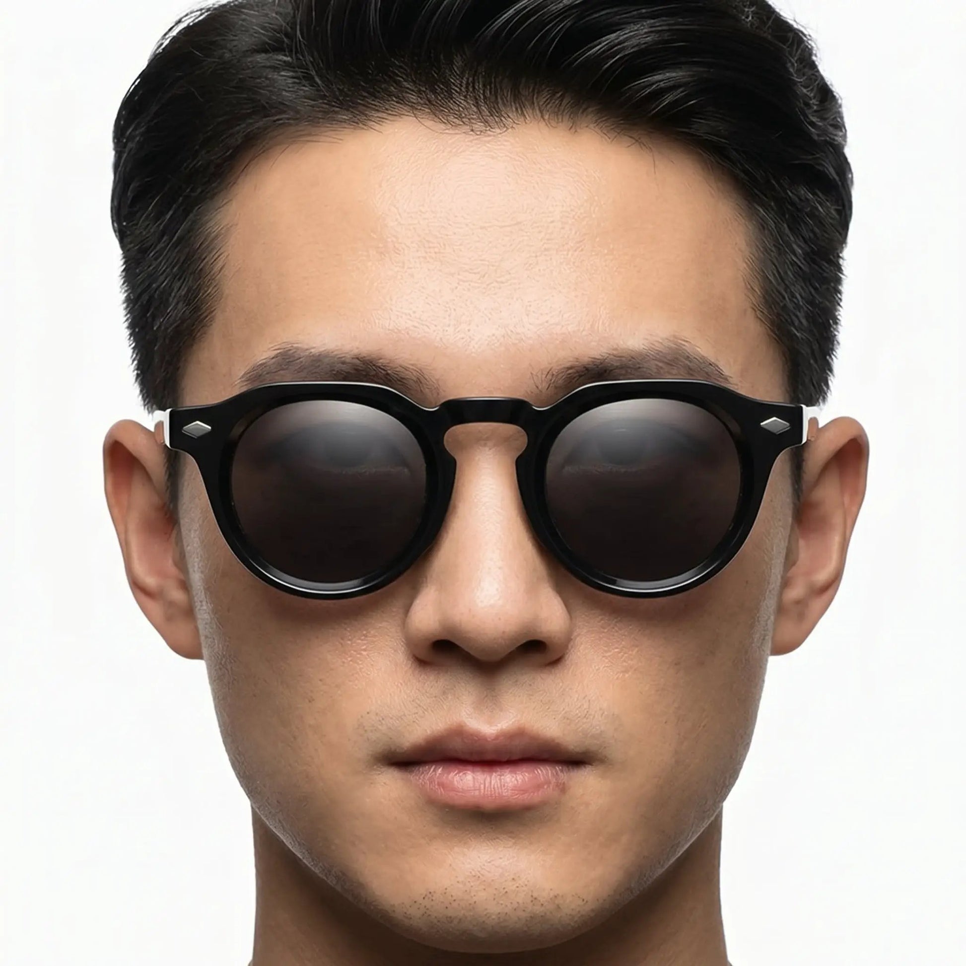 Aurelius jet-black round sunglasses with UV400 lenses; black frame, dark lenses, white temple accents – Astroshadez
