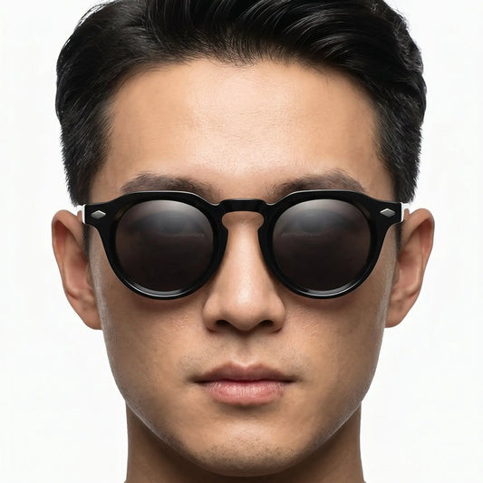 Aurelius jet-black round sunglasses with UV400 lenses; black frame, dark lenses, white temple accents – Astroshadez