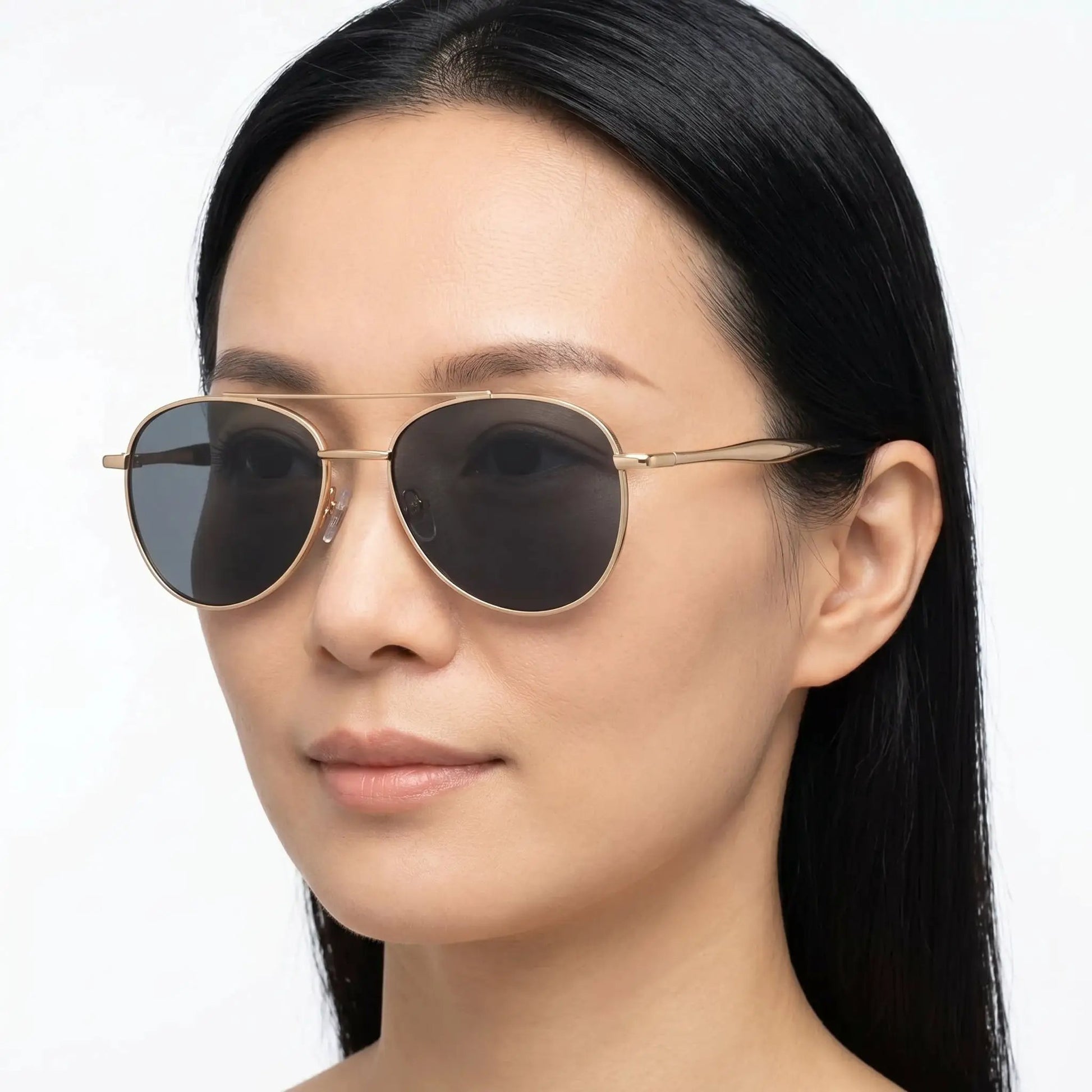 Xyrion gold metal aviator sunglasses with dark lenses and slim gold frame – Astroshadez