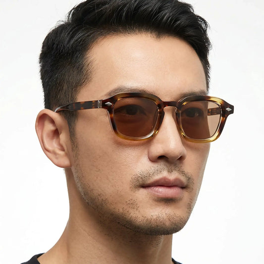 Velorin square tortoiseshell sunglasses with rivet accents, brown gradient lenses – Astroshadez