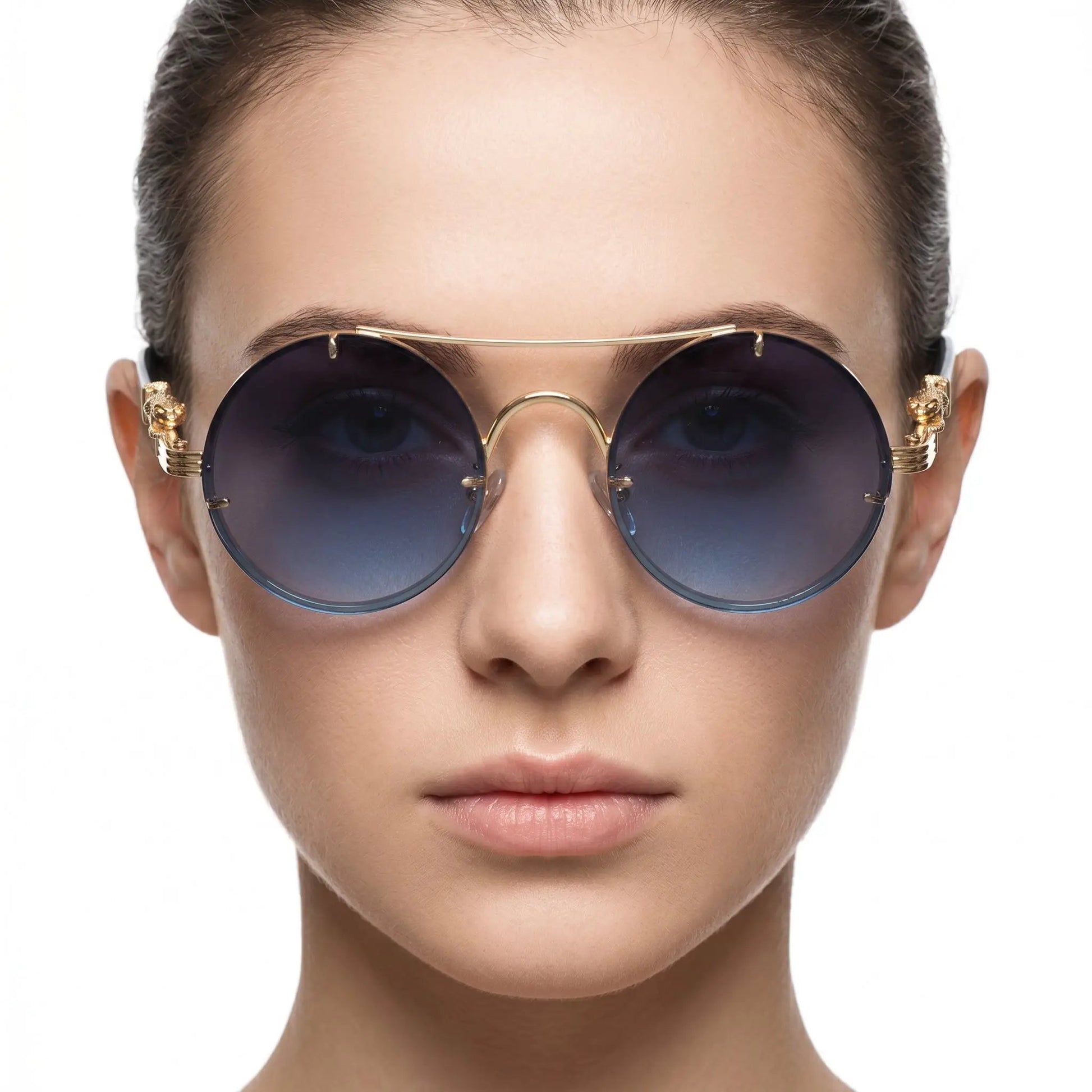 AureonLuxuria goldtone round metal sunglasses with gradient lenses and ornate temple detailing – Astroshadez