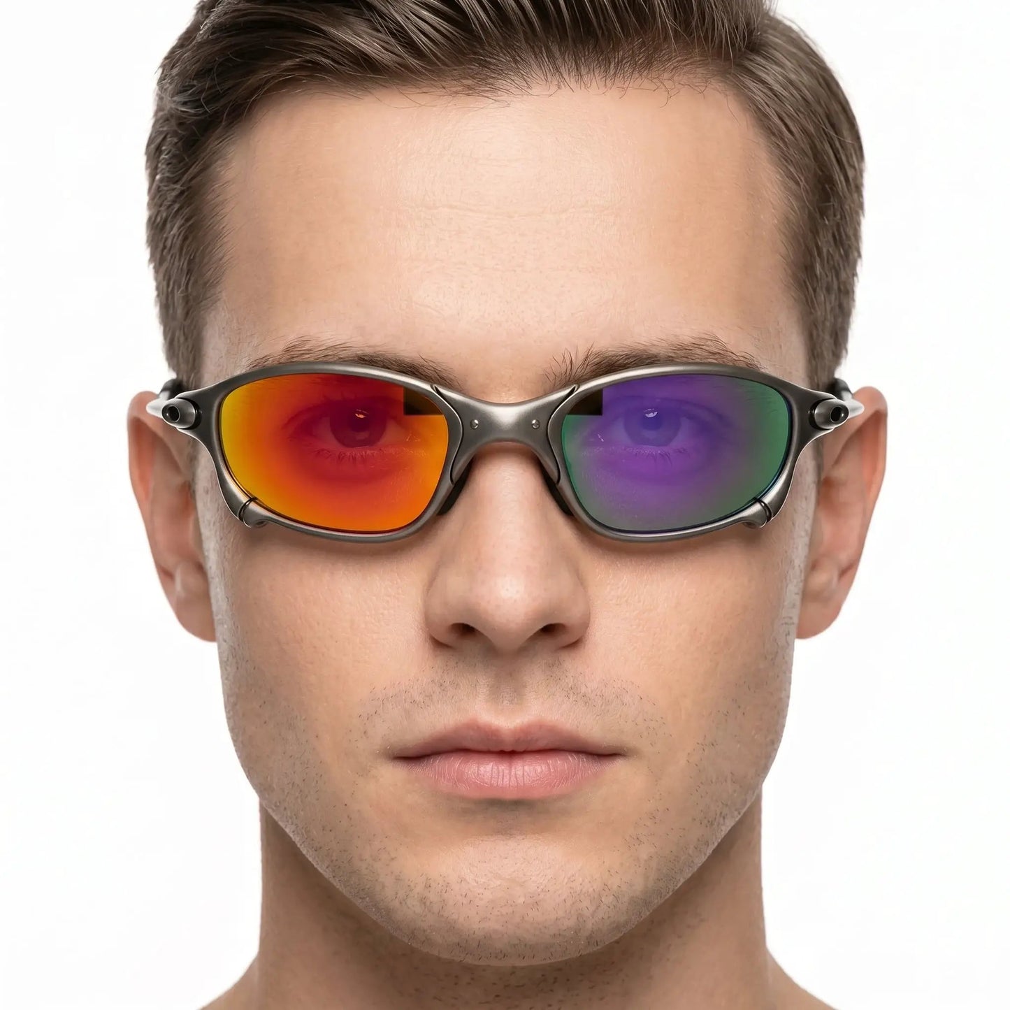 Aurelius sunglasses with orange‑mirror and purple‑mirror polarized lenses, metallic frame – Astroshadez