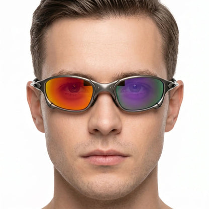 Aurelius sunglasses with orange‑mirror and purple‑mirror polarized lenses, metallic frame – Astroshadez