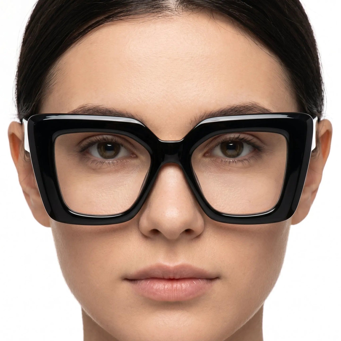 Velora glossy black oversized square sunglasses with dark lenses worn by a model – Astroshadez