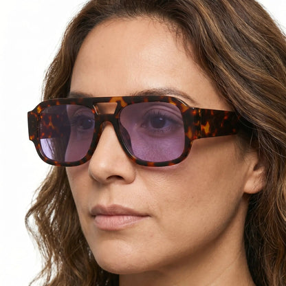Luxon tortoiseshell double-bridge sunglasses with oversized square frame and purple-tinted lenses – Astroshadez