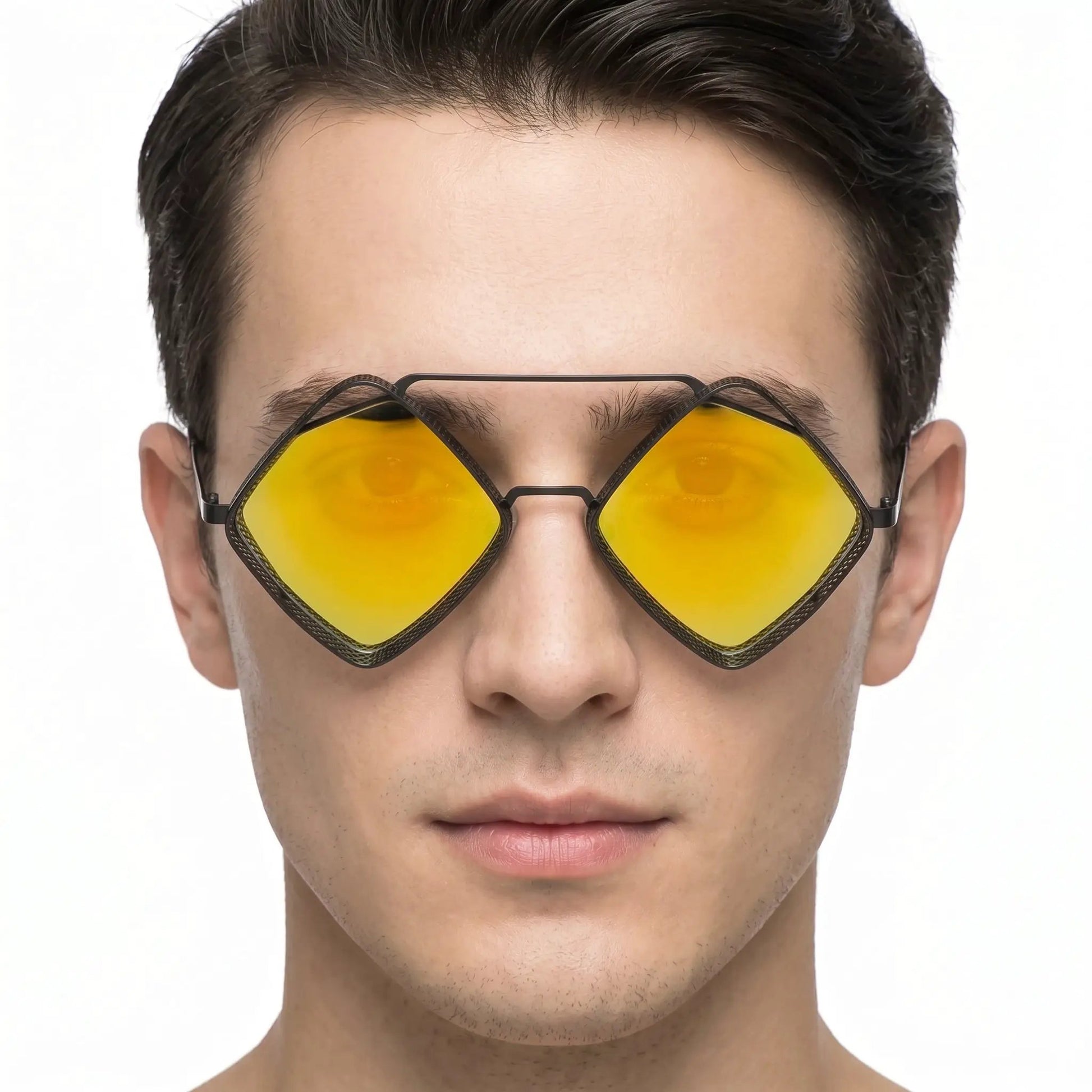 Aureon black metal perforated-frame sunglasses with yellow lenses – Astroshadez