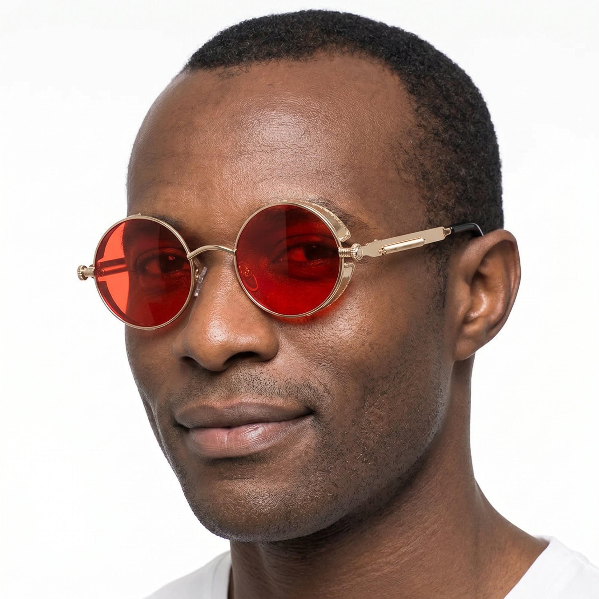 Aurelius Crimson Gold round steampunk sunglasses with red lenses – Astroshadez