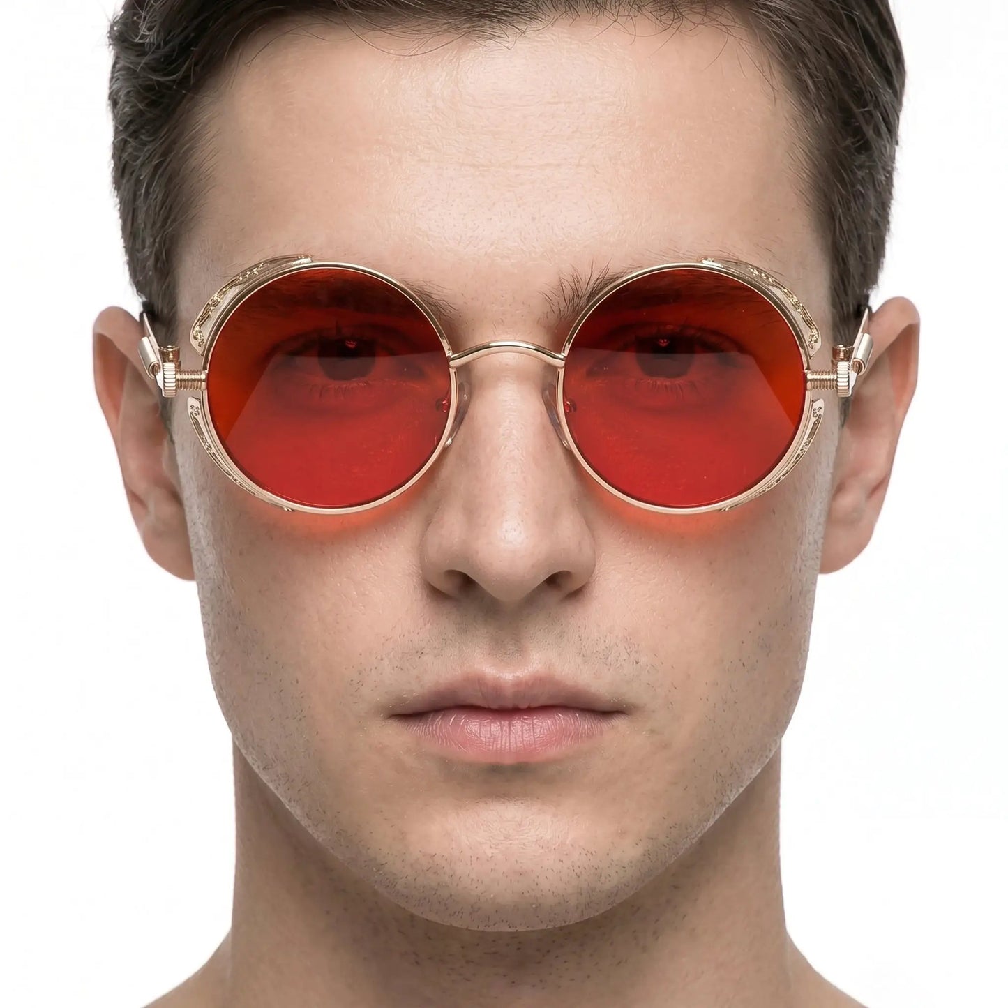 Aurelius Crimson Gold round steampunk sunglasses with gold frame and red-tinted lenses – Astroshadez