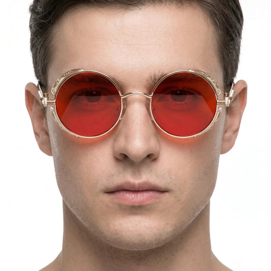 Aurelius Crimson Gold round steampunk sunglasses with gold frame and red-tinted lenses – Astroshadez