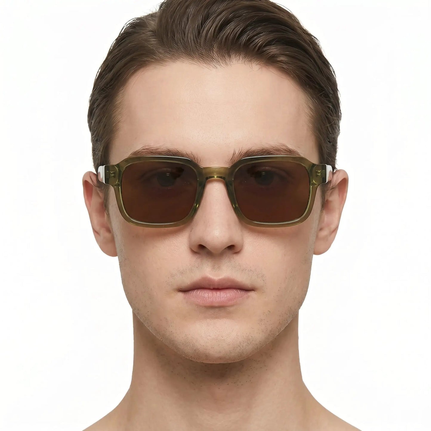 Aurex sunglasses with olive translucent rectangular frame and amber polarized lenses – Astroshadez