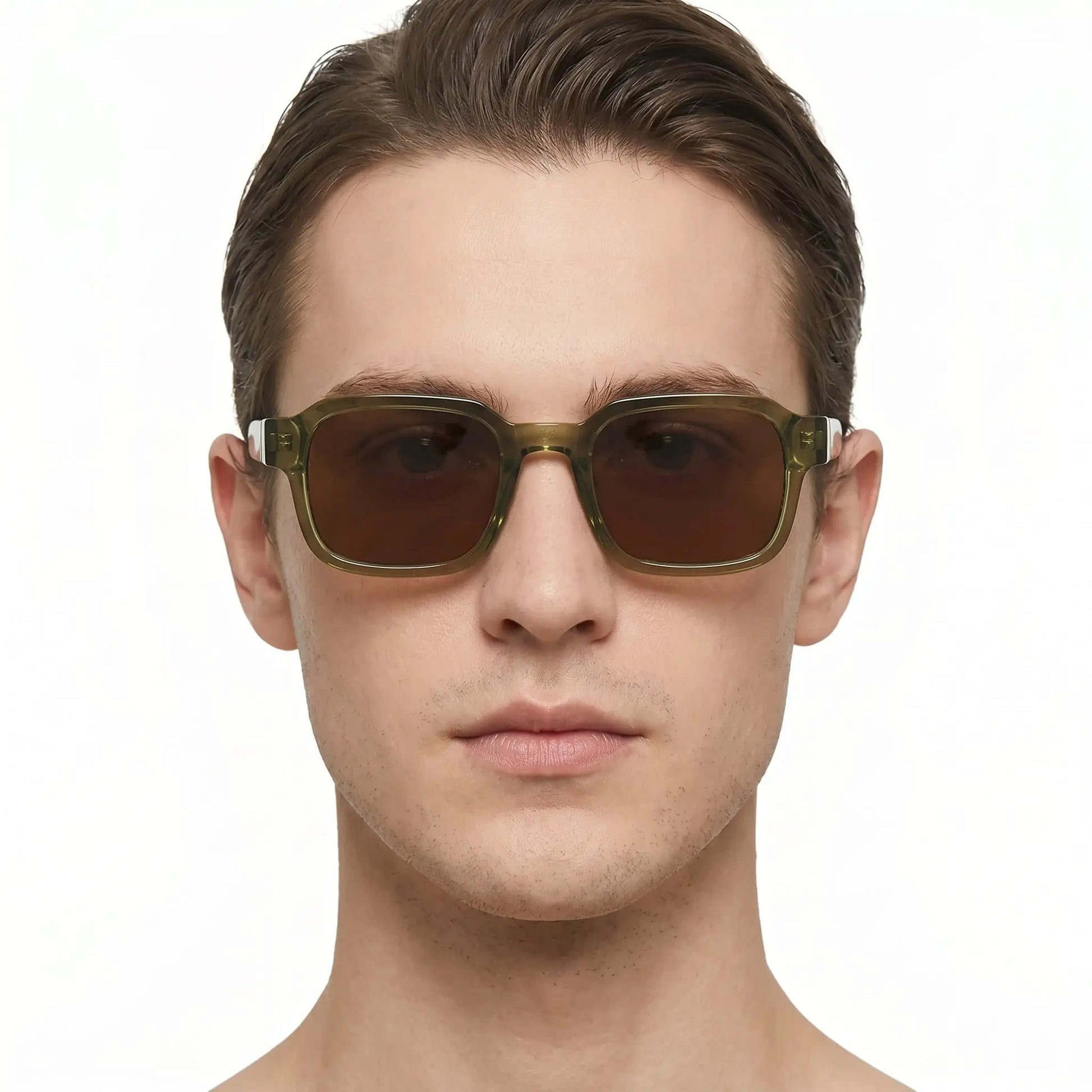 Aurex sunglasses with olive translucent rectangular frame and amber polarized lenses – Astroshadez