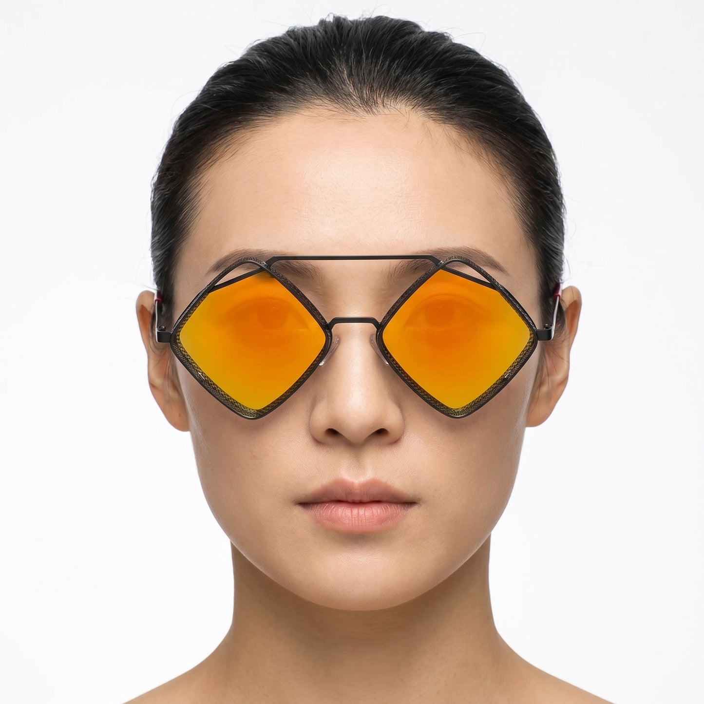 Aureon black metal perforated-frame sunglasses with orange mirrored lenses, hexagonal shape – Astroshadez