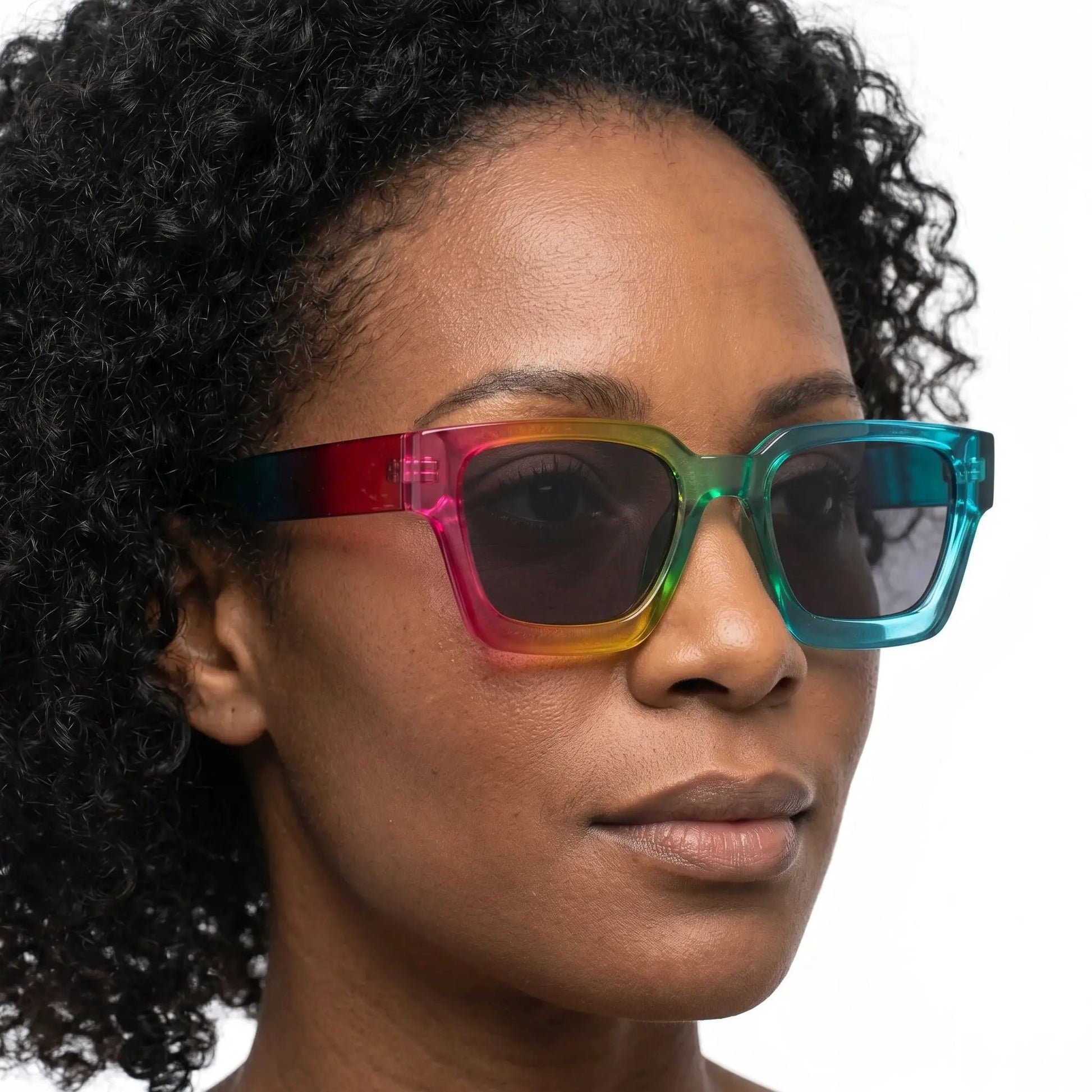 Solstice Iridescent Rainbow UV400 Polarized sunglasses; oversized rectangular frame with rainbow gradient and dark lenses – Astroshadez