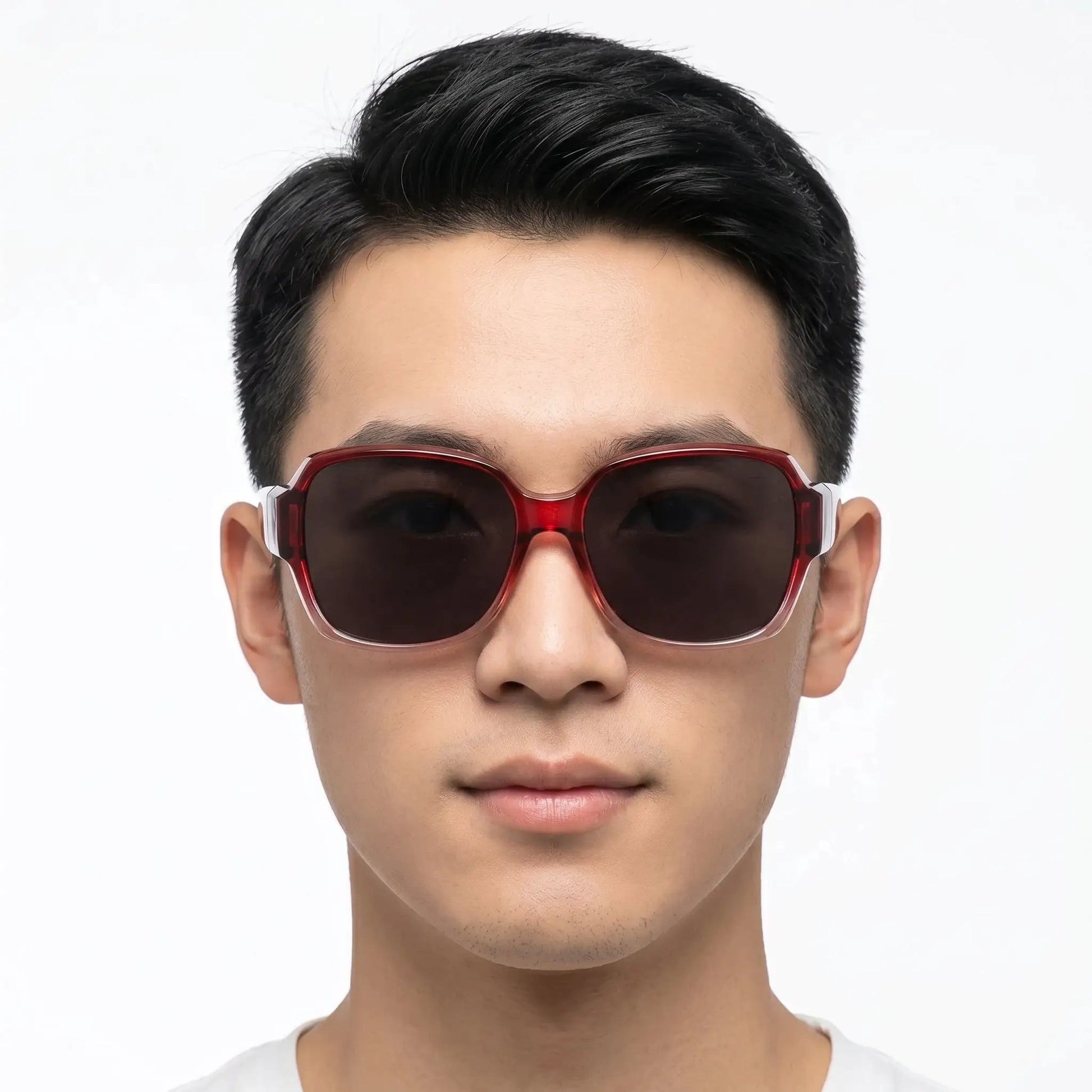 Aurelius red translucent polarized sunglasses with a rectangular wraparound frame and dark lenses – Astroshadez