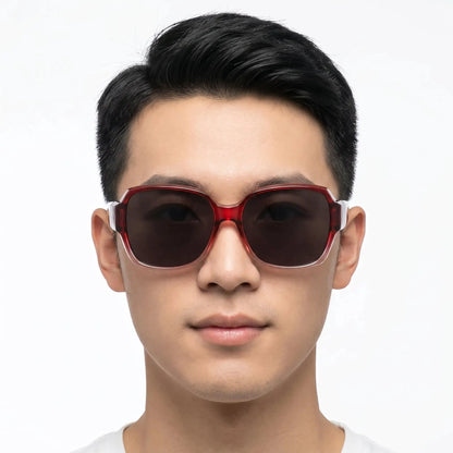Aurelius red translucent polarized sunglasses with a rectangular wraparound frame and dark lenses – Astroshadez