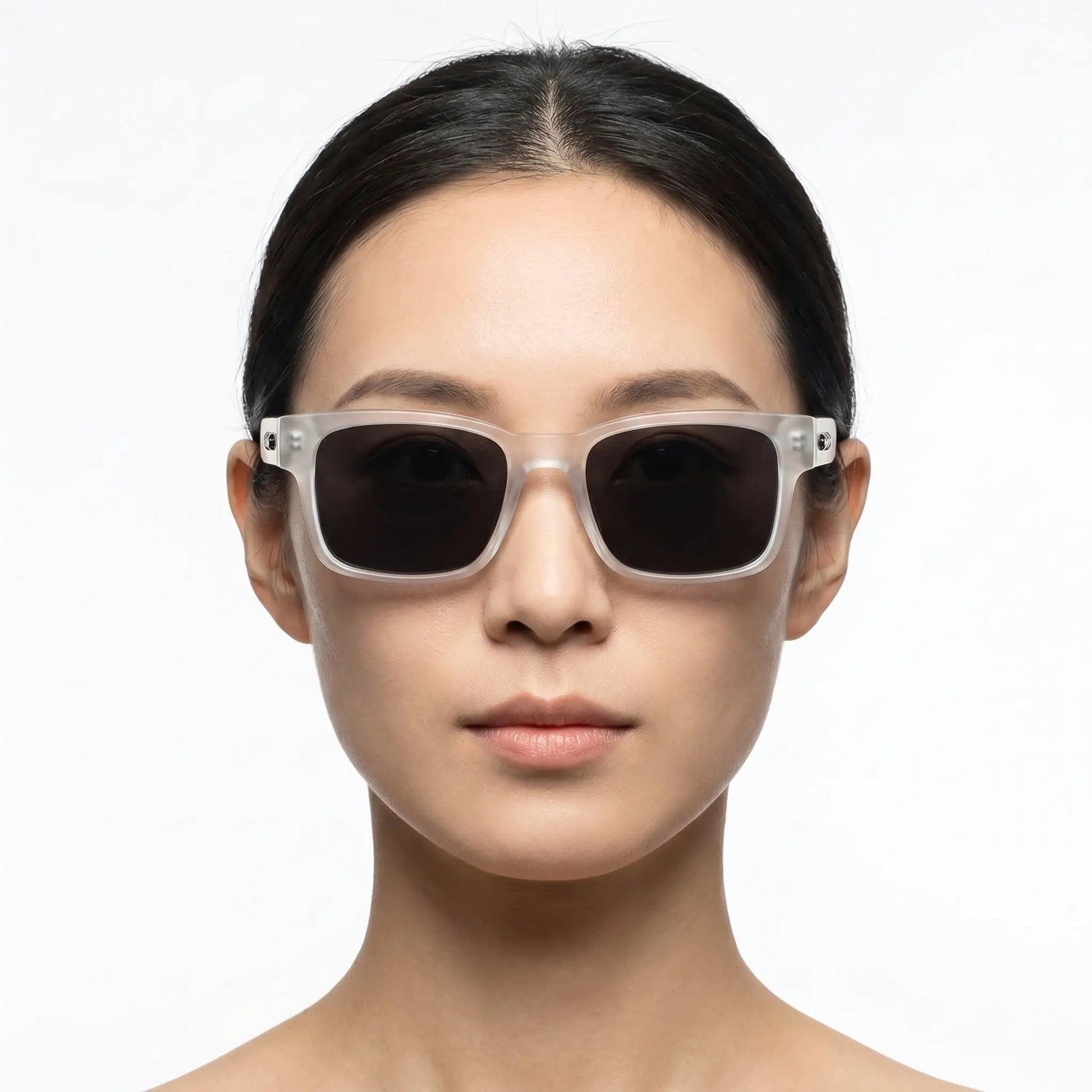 Aurelian crystal-clear polarized sunglasses; transparent rectangular frame with dark lenses – Astroshadez