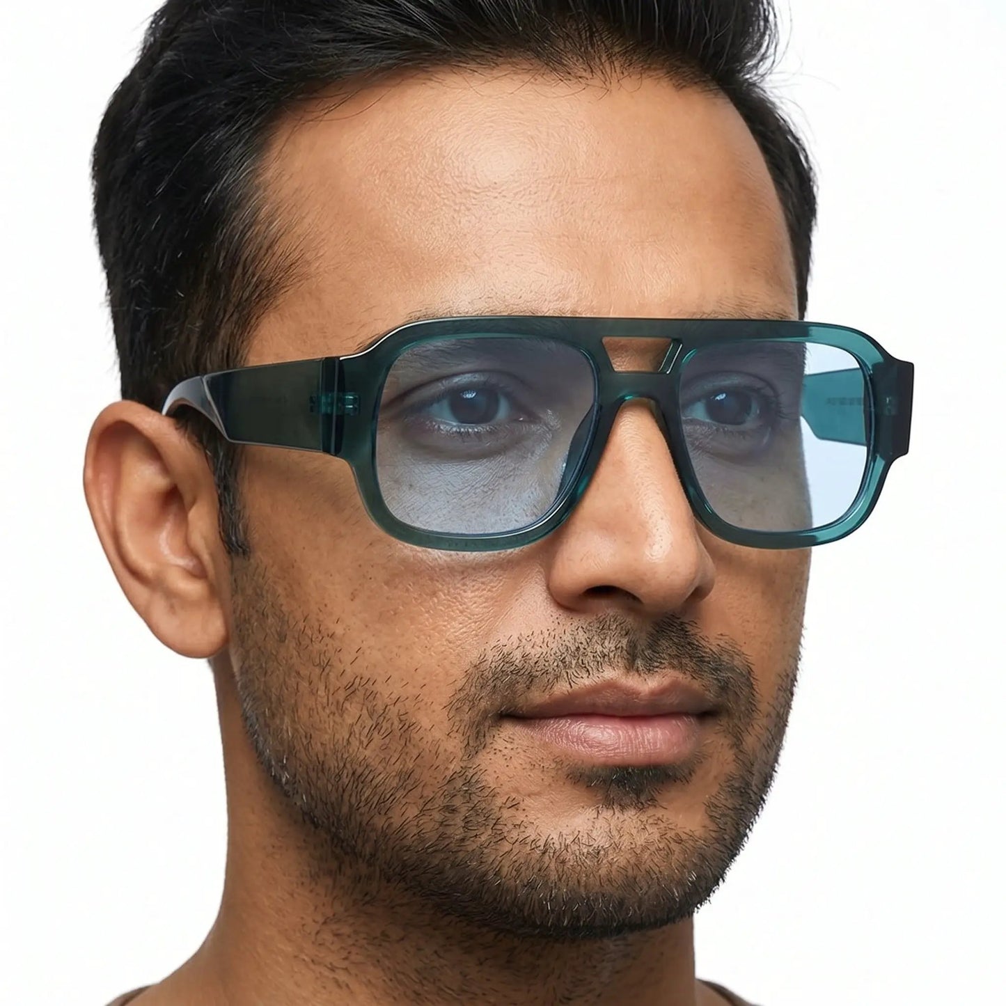 Caelith double-bridge square sunglasses with teal translucent frame and gray lenses – Astroshadez