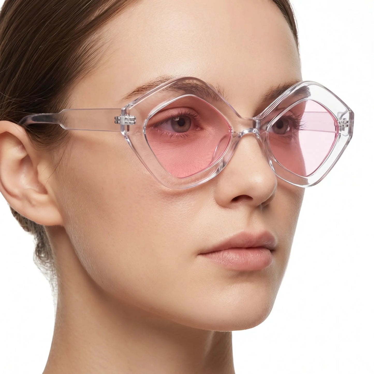 Cat-eye sunglasses with transparent clear frame and pink-tinted UV400 lenses– Astroshadez