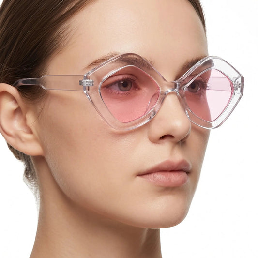 Cat-eye sunglasses with transparent clear frame and pink-tinted UV400 lenses– Astroshadez