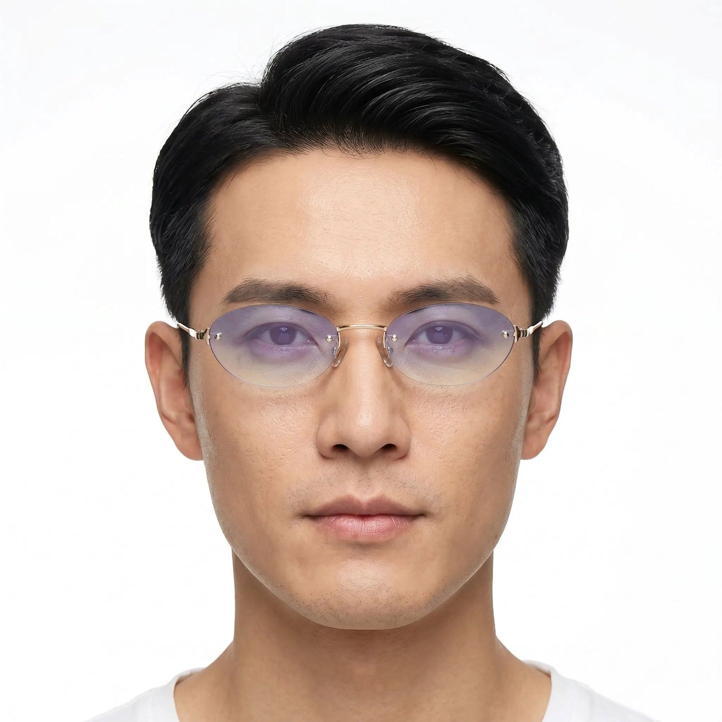 Aurelius Gold Rimless Oval Gradient Sunglasses with lavender lenses and gold frame – Astroshadez