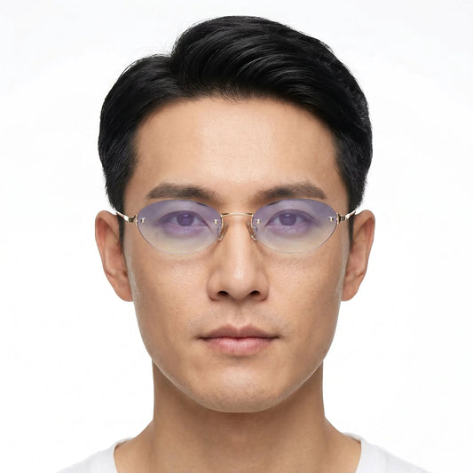 Aurelius Gold Rimless Oval Gradient Sunglasses with lavender lenses and gold frame – Astroshadez