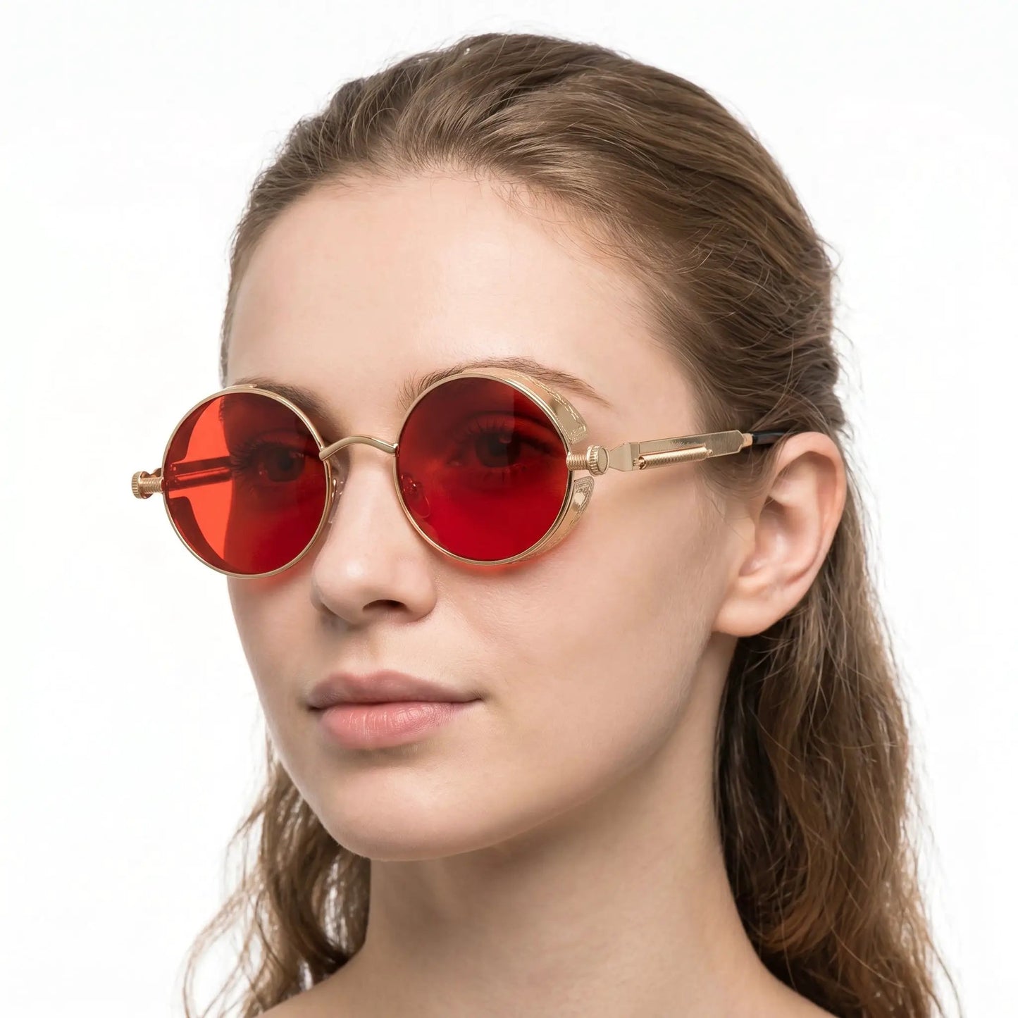 Aureon Gold round sunglasses with red lenses; metal frame and gold detailing for a vintage look – Astroshadez
