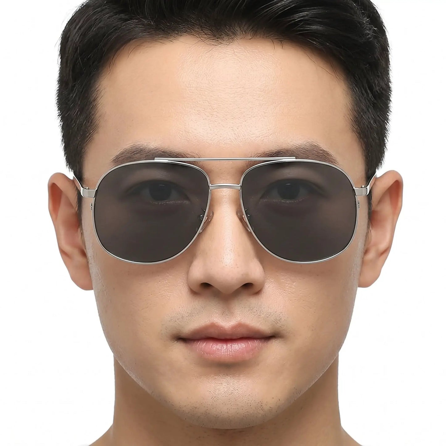 Lumidor double-bridge aviator sunglasses with a silver metal frame and dark tinted lenses – Astroshadez