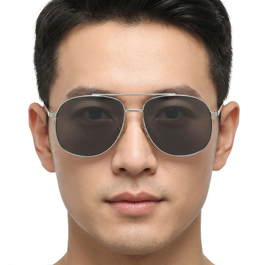 Lumidor double-bridge aviator sunglasses with a silver metal frame and dark tinted lenses – Astroshadez