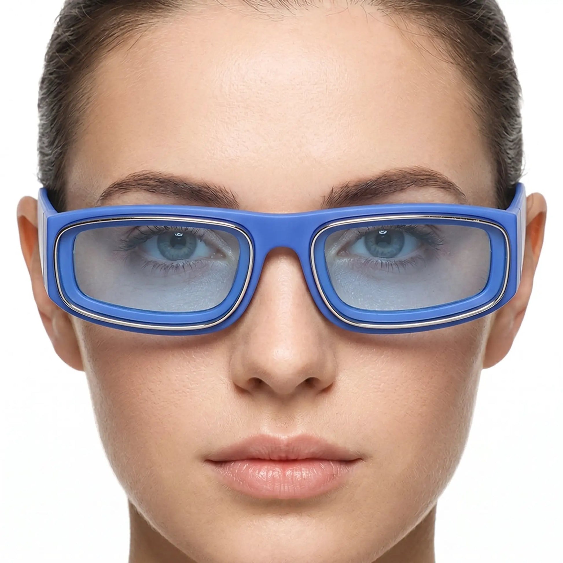 Aureon blue matte plastic rectangular sunglasses with blue lenses – Astroshadez