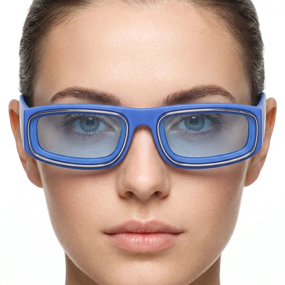 Aureon blue matte plastic rectangular sunglasses with blue lenses – Astroshadez