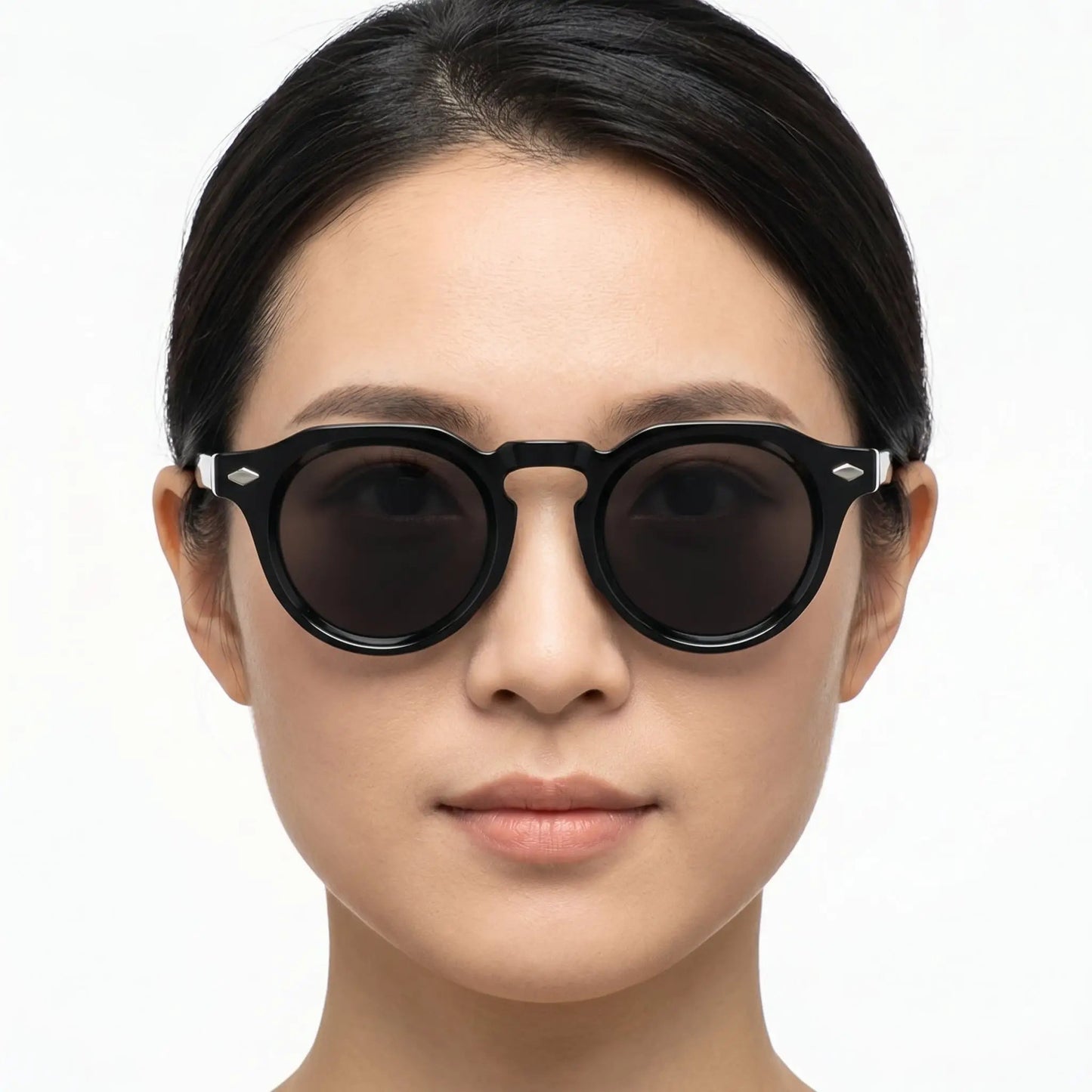 Aureon Onyx riveted round UV400 sunglasses; black frame with dark lenses – Astroshadez